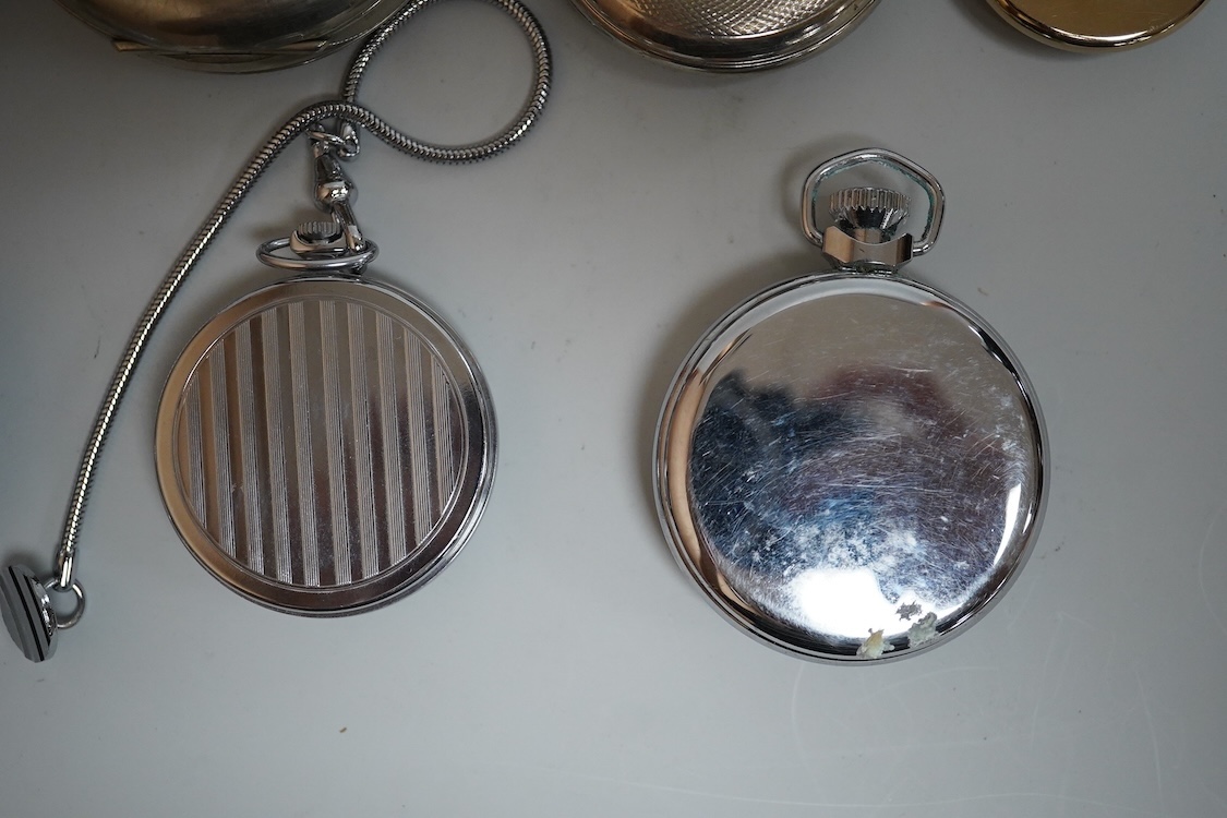 Eight assorted base metal pocket watches including 8 days, case diameter 65mm, a chrome cased Leonidas military, Ingersoll, Sekonda etc.